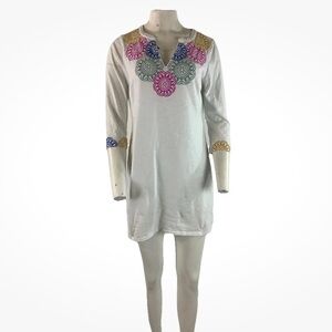 Boden Sz 8 Embroidered Tunic Top White 100% Cotton Lightweight Pullover Style